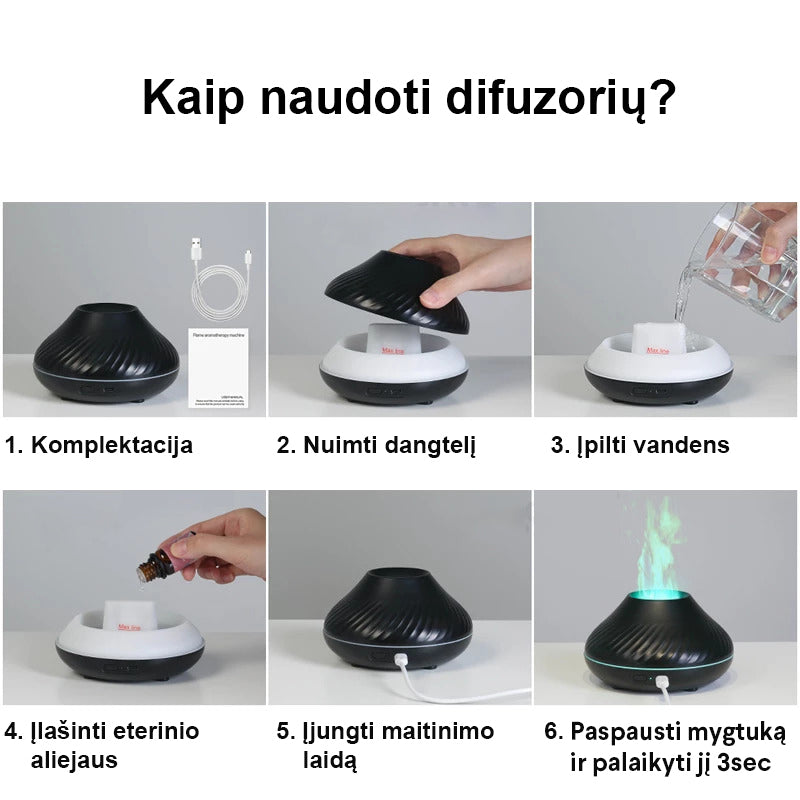 Aromatinis difuzorius/ oro drėkintuvas 3in1 - 2023 naujovė-Vulkanas su liepsnos efektu + 3 eteriniai aliejai
