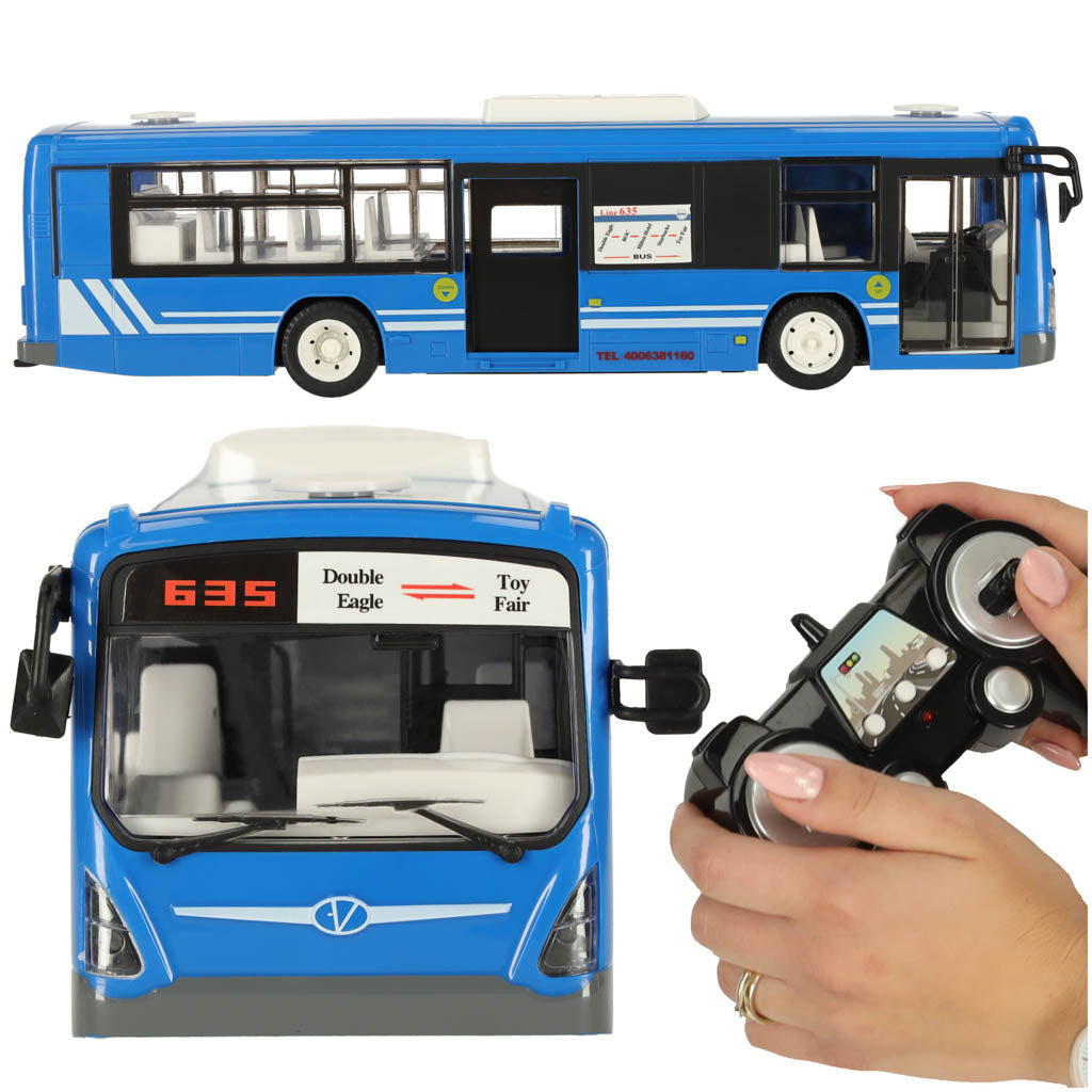 Nuotoliniu būdu valdomas RC autobusas su durimis mėlynos spalvos